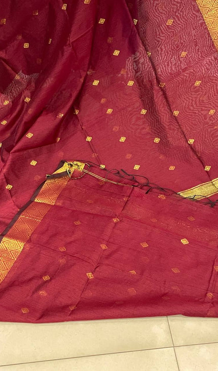 Maheshwari Cotton Saree –Maroon with Zari Buti & Gold Border|CS10_1