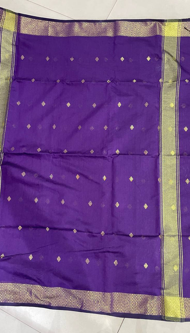 Maheshwari Cotton Saree – Violet with Zari Buti & Gold Border|CS10_2
