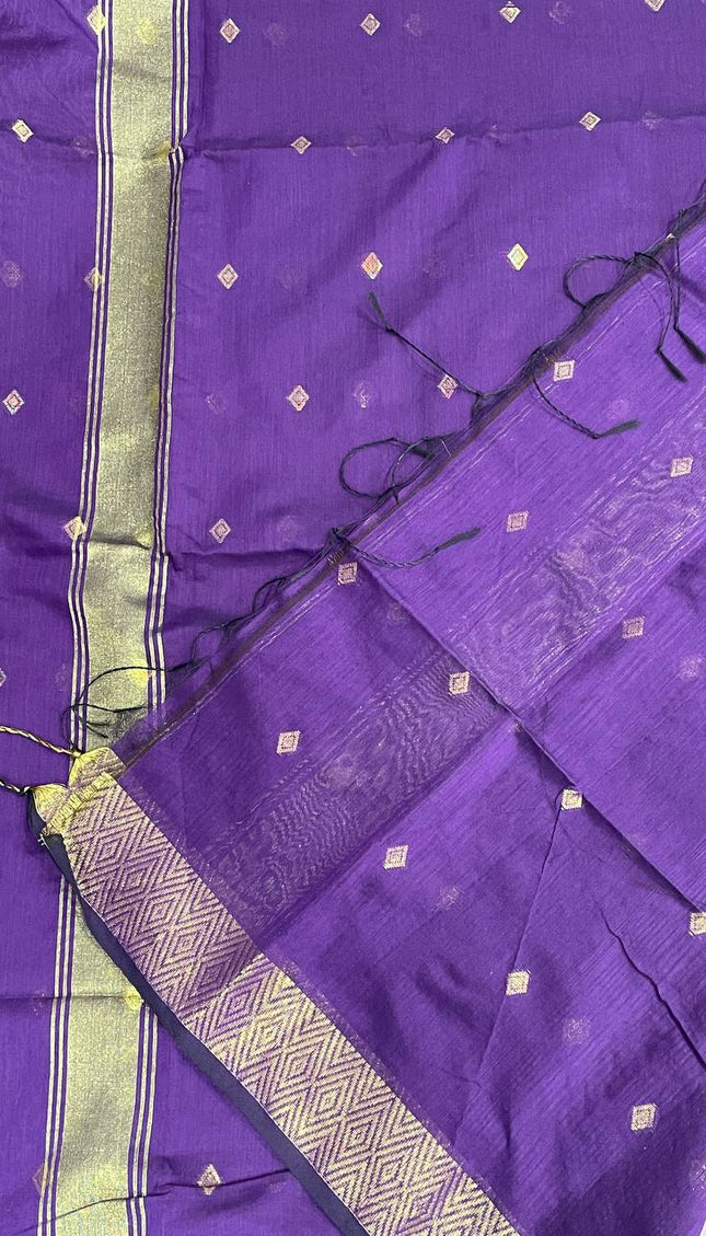 Maheshwari Cotton Saree – Violet with Zari Buti & Gold Border|CS10_2