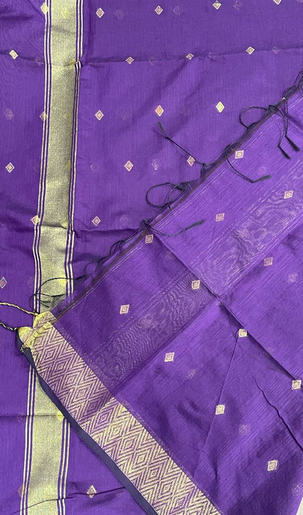 Maheshwari Cotton Saree – Violet with Zari Buti & Gold Border|CS10_2