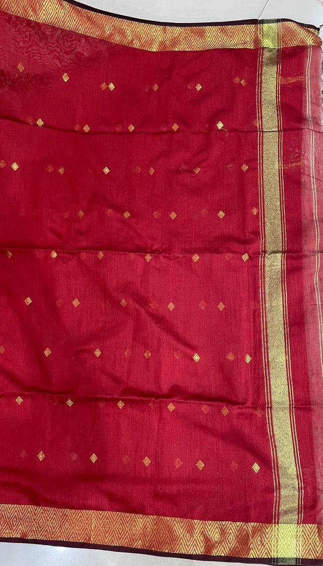 Maheshwari Cotton Saree – Classic Red with Zari Buti & Gold Zari Border|CS10_3