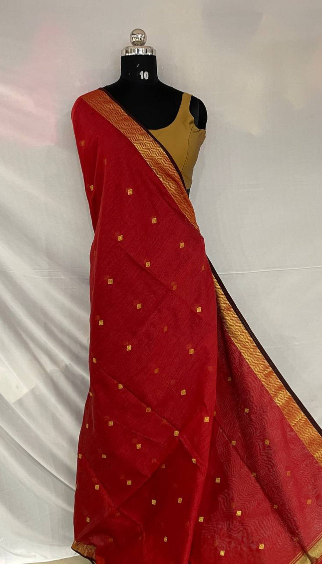 Maheshwari Cotton Saree – Classic Red with Zari Buti & Gold Zari Border|CS10_3