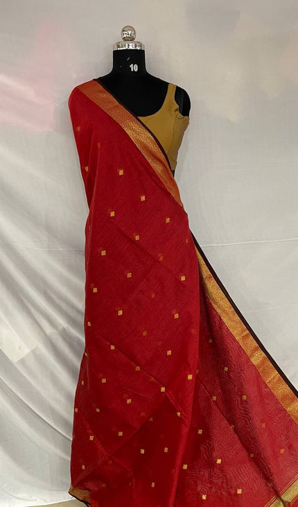 Maheshwari Cotton Saree – Classic Red with Zari Buti & Gold Zari Border|CS10_3