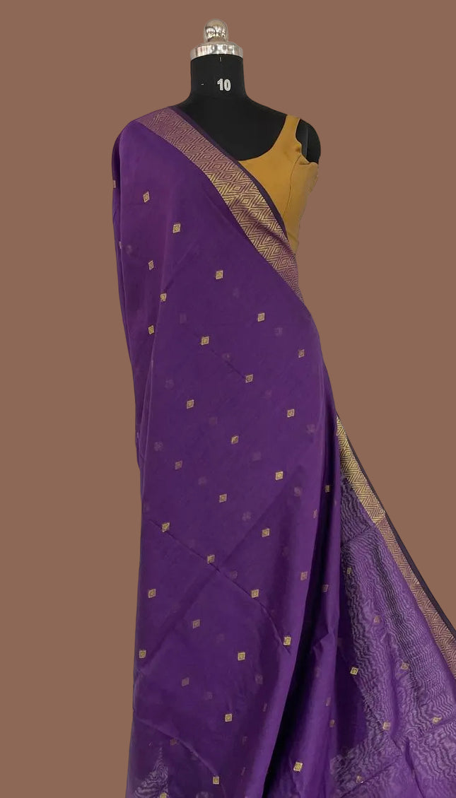 Maheshwari Cotton Saree – Violet with Zari Buti & Gold Border|CS10_2