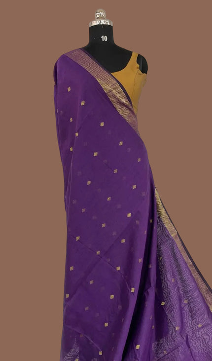 Maheshwari Cotton Saree – Violet with Zari Buti & Gold Border|CS10_2