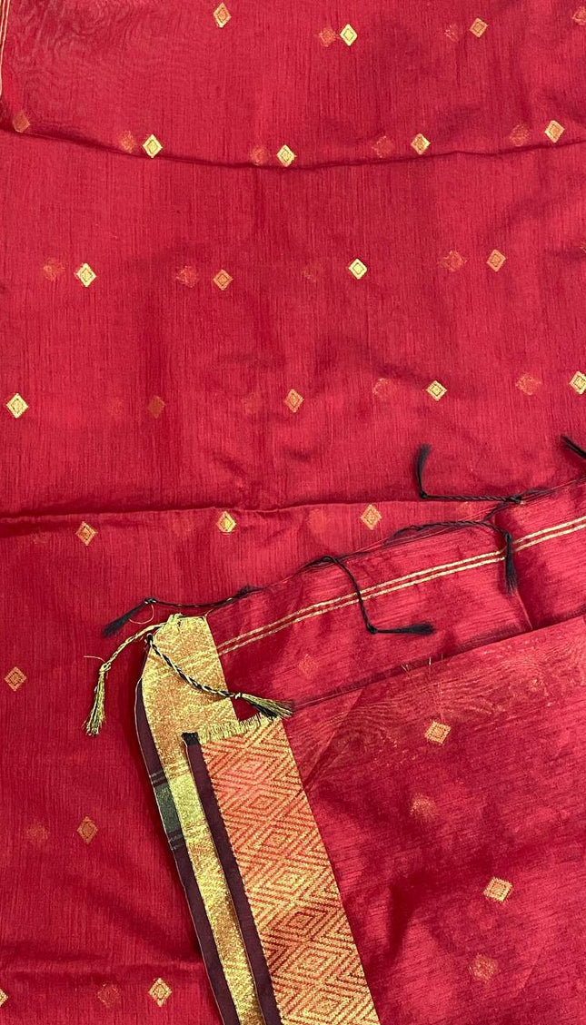 Maheshwari Cotton Saree – Classic Red with Zari Buti & Gold Zari Border|CS10_3