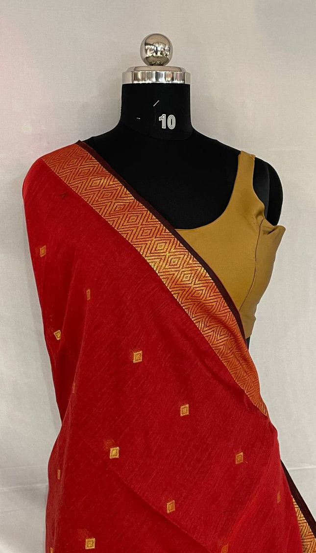 Maheshwari Cotton Saree – Classic Red with Zari Buti & Gold Zari Border|CS10_3