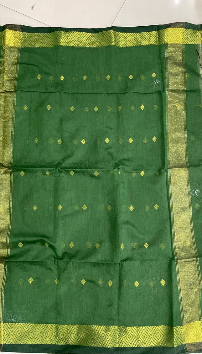 Maheshwari Cotton Saree – Green with Zari Buti & Contrast Gold Border|CS10_4