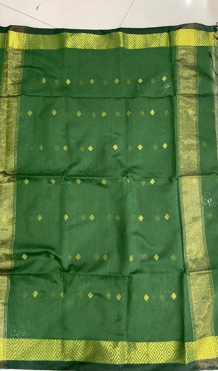 Maheshwari Cotton Saree – Green with Zari Buti & Contrast Gold Border|CS10_4