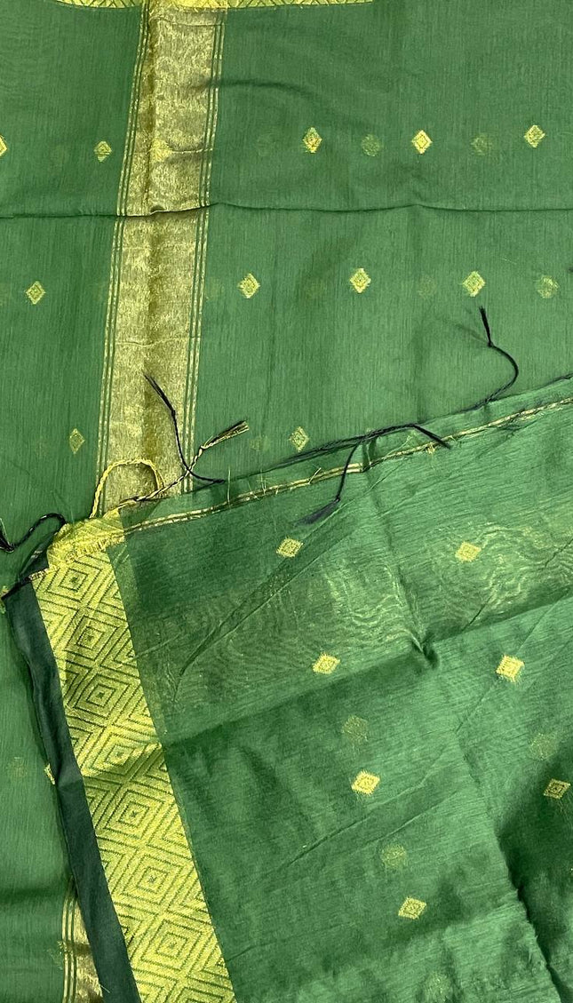 Maheshwari Cotton Saree – Green with Zari Buti & Contrast Gold Border|CS10_4