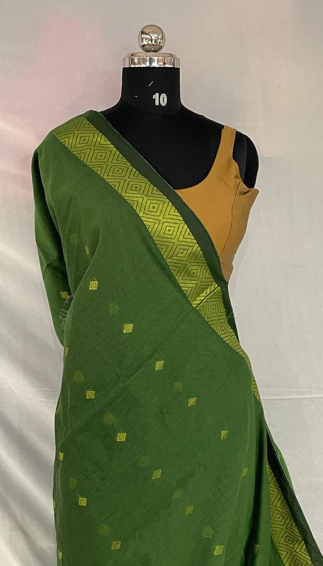 Maheshwari Cotton Saree – Green with Zari Buti & Contrast Gold Border|CS10_4