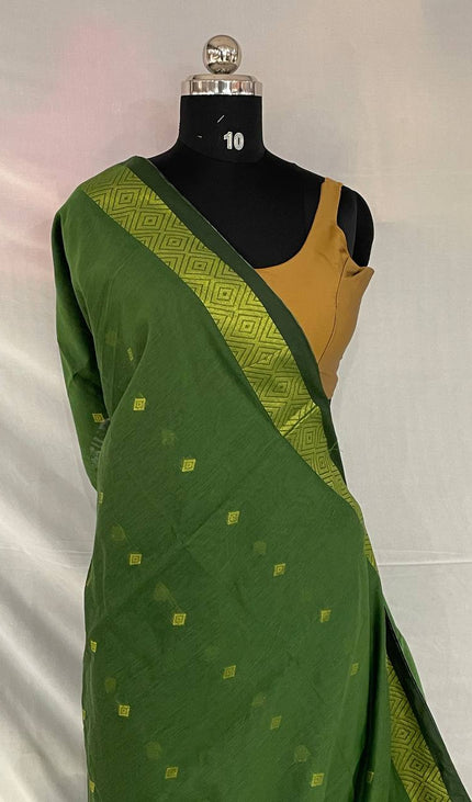 Maheshwari Cotton Saree – Green with Zari Buti & Contrast Gold Border|CS10_4