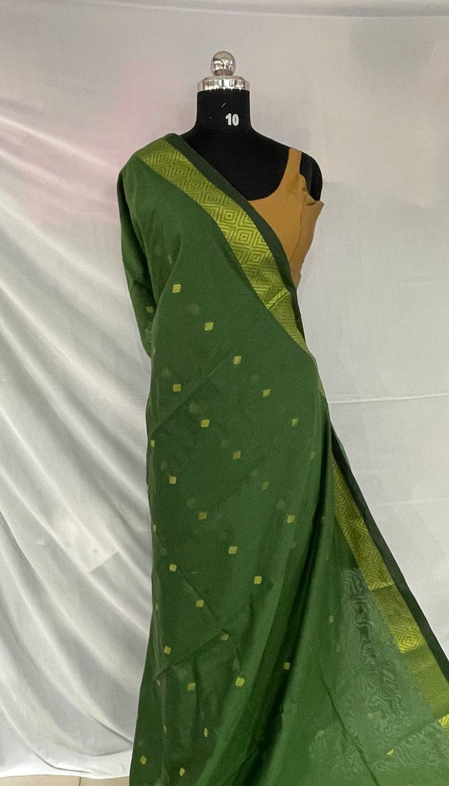 Maheshwari Cotton Saree – Green with Zari Buti & Contrast Gold Border|CS10_4