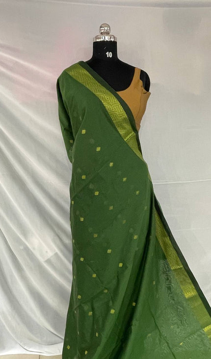 Maheshwari Cotton Saree – Green with Zari Buti & Contrast Gold Border|CS10_4