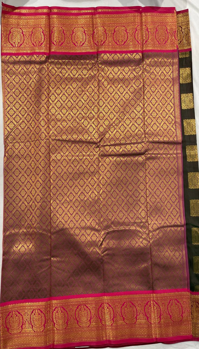 Bottle Green Soft Silk Saree with Rani Pink Contrast Zari Border| S29_1