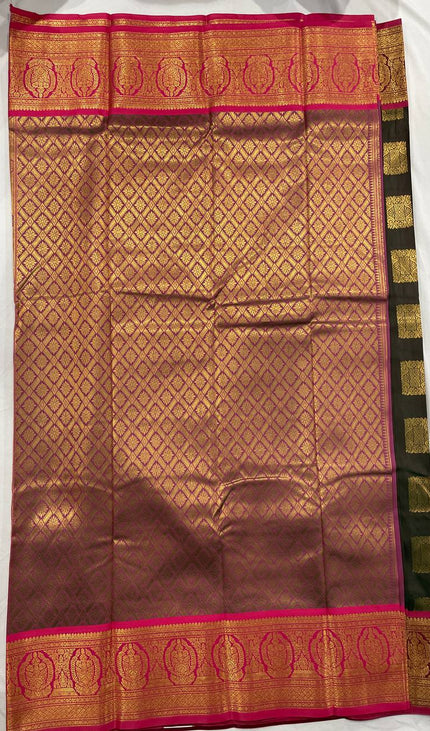 Bottle Green Soft Silk Saree with Rani Pink Contrast Zari Border| S29_1