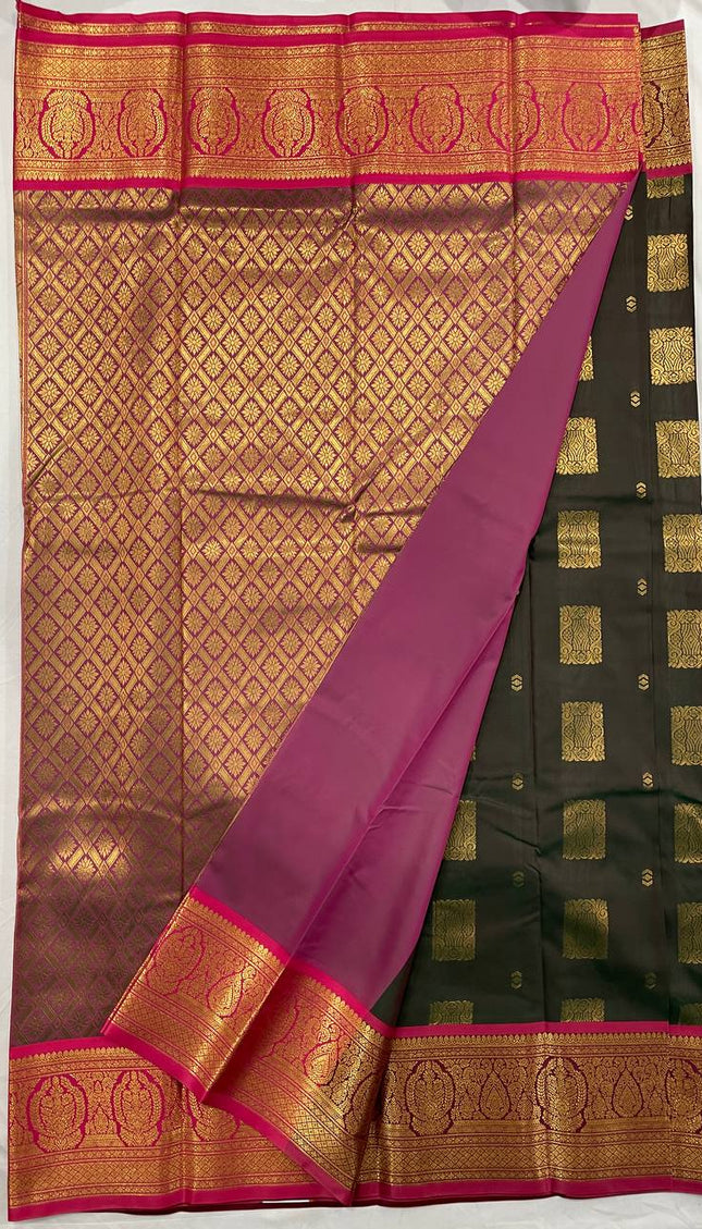 Bottle Green Soft Silk Saree with Rani Pink Contrast Zari Border| S29_1
