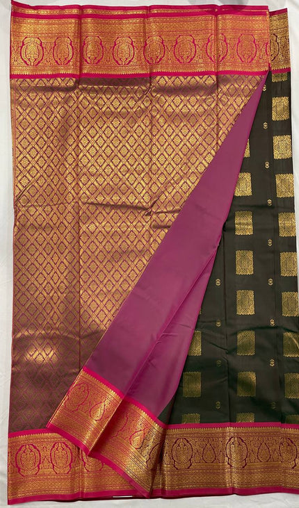 Bottle Green Soft Silk Saree with Rani Pink Contrast Zari Border| S29_1