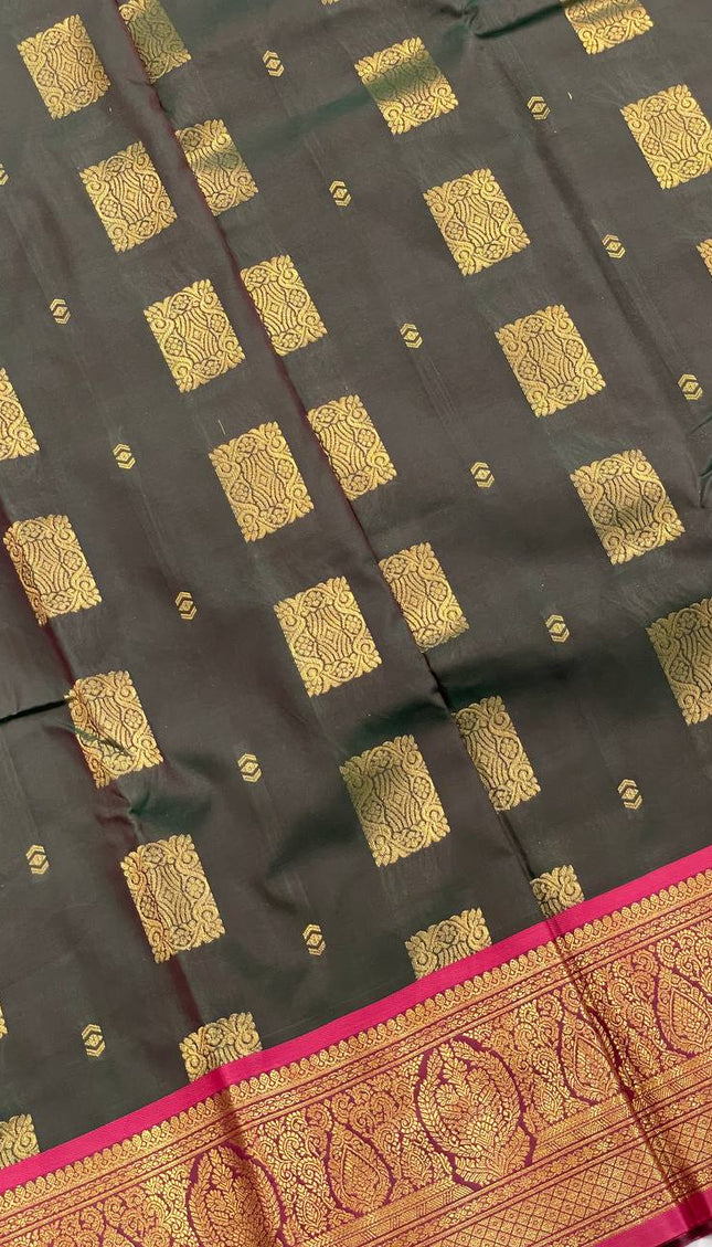 Bottle Green Soft Silk Saree with Rani Pink Contrast Zari Border| S29_1