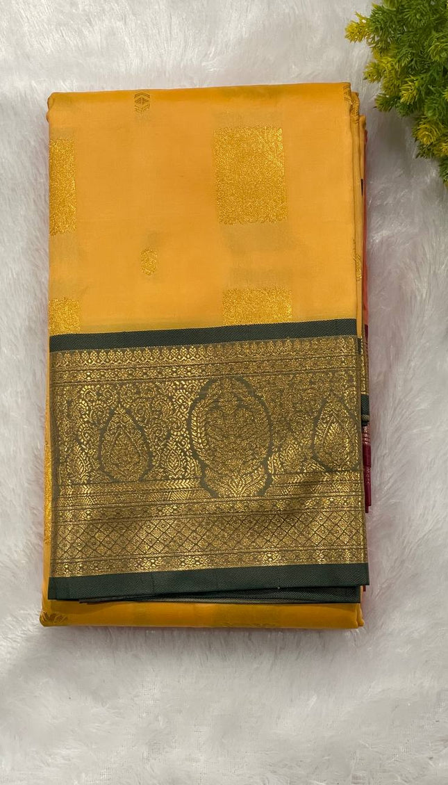 Golden Yellow Soft Silk Saree with Bottle Green Contrast Zari Border|S29_2