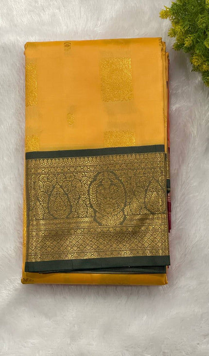 Golden Yellow Soft Silk Saree with Bottle Green Contrast Zari Border|S29_2