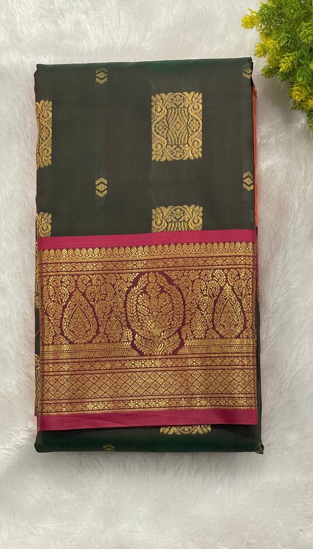 Bottle Green Soft Silk Saree with Rani Pink Contrast Zari Border| S29_1