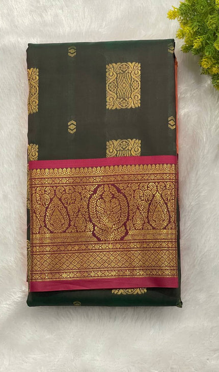 Bottle Green Soft Silk Saree with Rani Pink Contrast Zari Border| S29_1