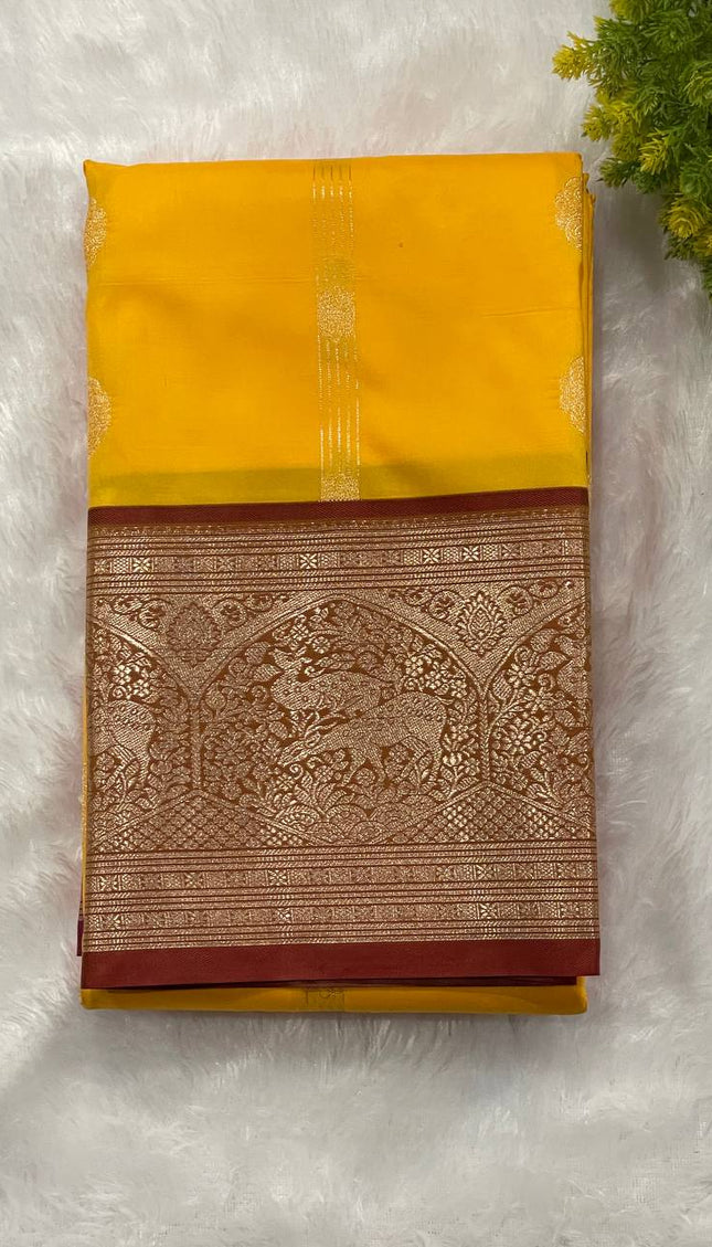 Mustard Yellow Semi Kanchipuram Saree with Copper Zari Animal Motifs|S30_2