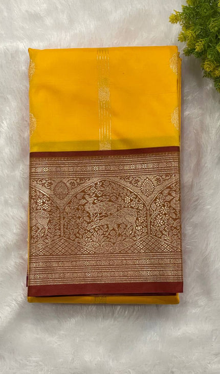 Mustard Yellow Semi Kanchipuram Saree with Copper Zari Animal Motifs|S30_2