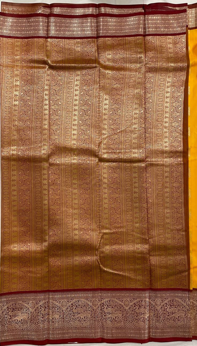 Mustard Yellow Semi Kanchipuram Saree with Copper Zari Animal Motifs|S30_2
