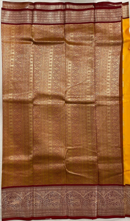 Mustard Yellow Semi Kanchipuram Saree with Copper Zari Animal Motifs|S30_2