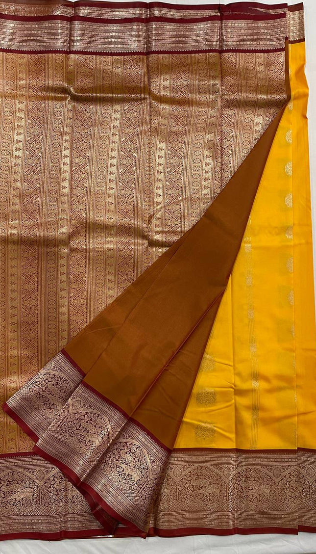 Mustard Yellow Semi Kanchipuram Saree with Copper Zari Animal Motifs|S30_2