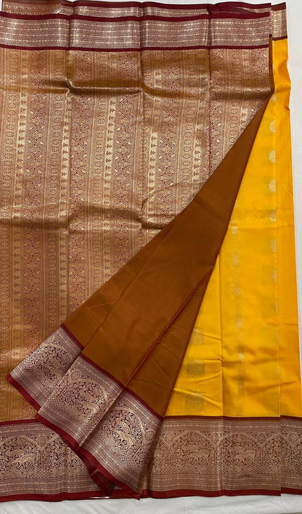 Mustard Yellow Semi Kanchipuram Saree with Copper Zari Animal Motifs|S30_2