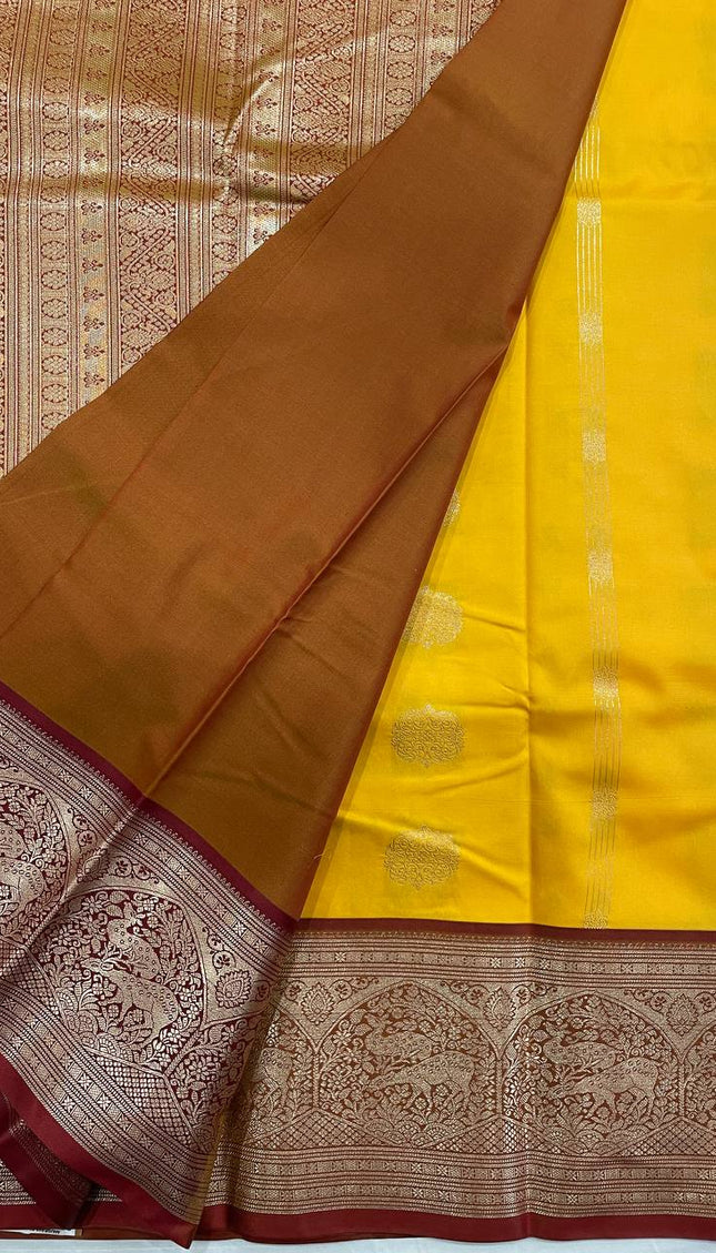 Mustard Yellow Semi Kanchipuram Saree with Copper Zari Animal Motifs|S30_2
