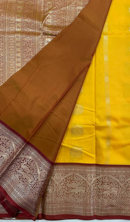 Mustard Yellow Semi Kanchipuram Saree with Copper Zari Animal Motifs|S30_2