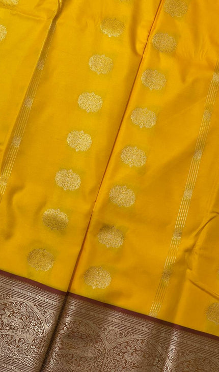 Mustard Yellow Semi Kanchipuram Saree with Copper Zari Animal Motifs|S30_2