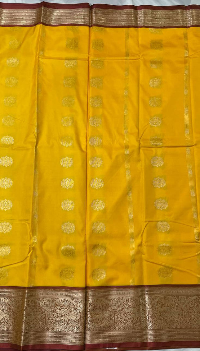 Mustard Yellow Semi Kanchipuram Saree with Copper Zari Animal Motifs|S30_2