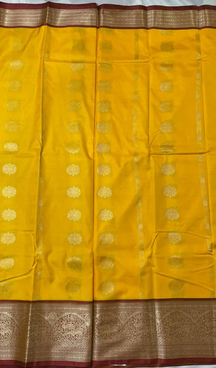Mustard Yellow Semi Kanchipuram Saree with Copper Zari Animal Motifs|S30_2
