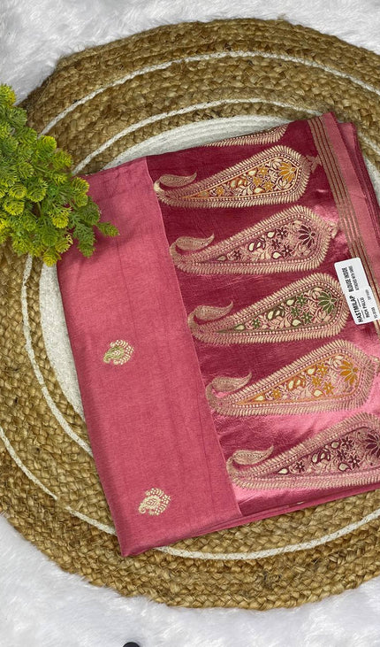 Premium Pink Crepe Silk Saree with Rich Paisley Border|DS1