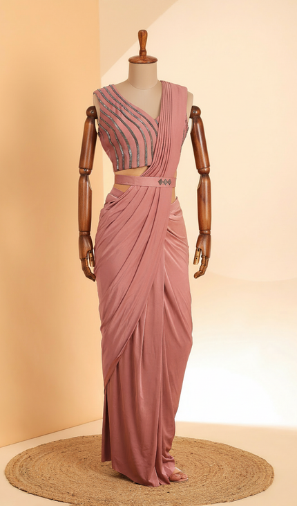 Peach Ready to wear saree with stitched blouse