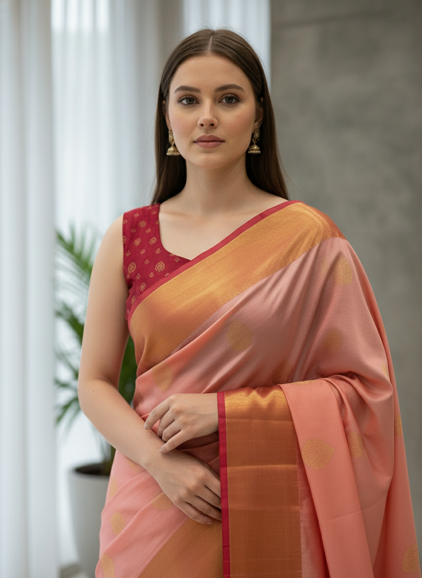 Pink Kanchipuram Semi Silk Saree With Butta Design|AS-005