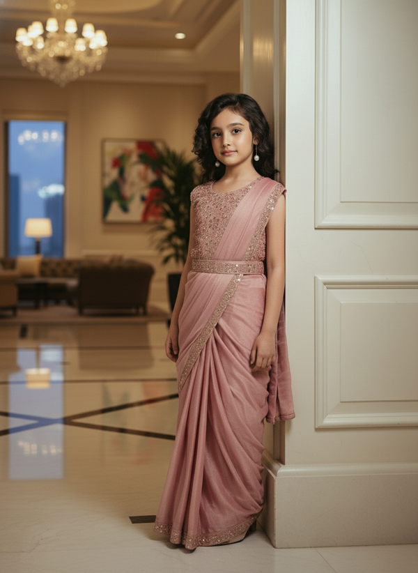 Girls' Elegant pink Ready-to-Wear Saree | 2974