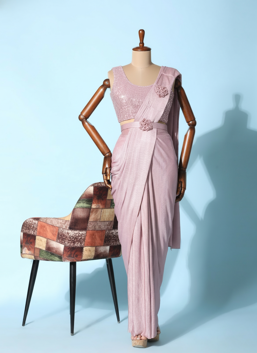 Pink Soft Silk Ready-to-Wear Saree | Pre-Draped 1-Minute Saree with Blouse