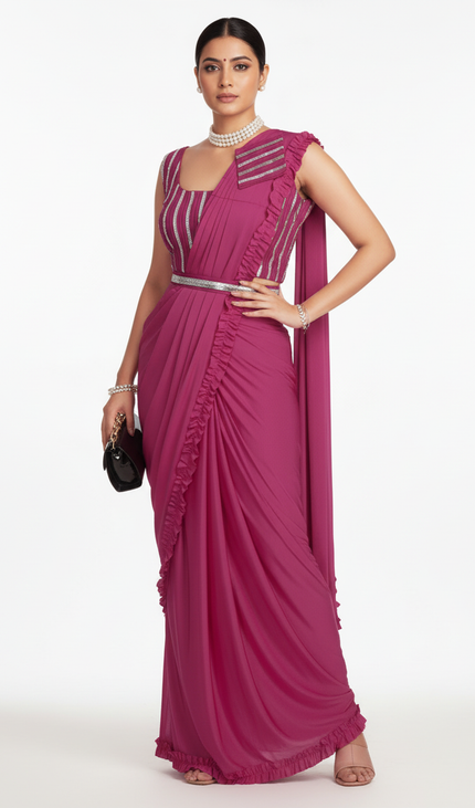 Pink Ready-to-Wear Saree with Stitched Blouse