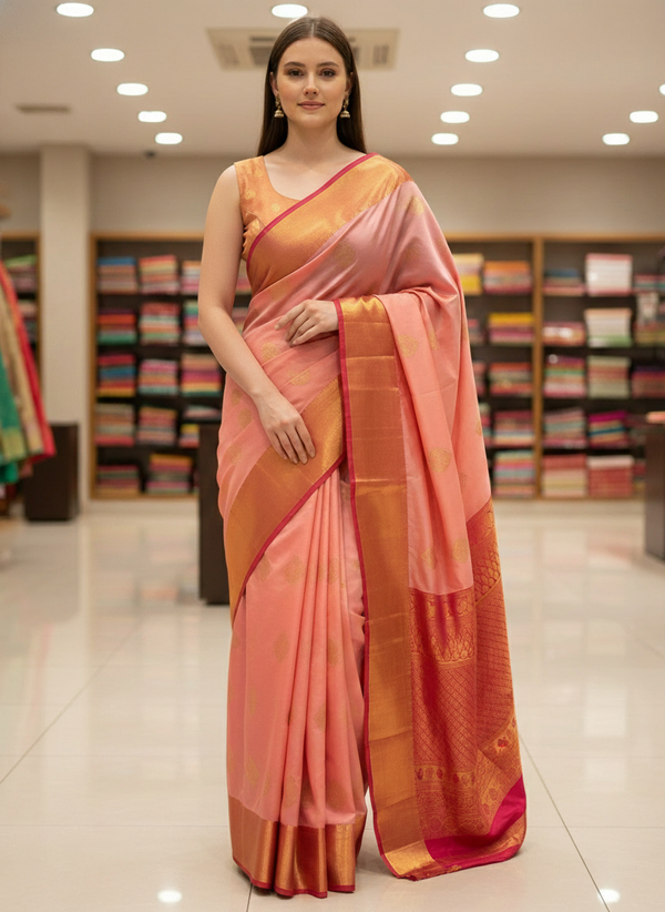 Pink Kanchipuram Semi Silk Saree With Butta Design|AS-005