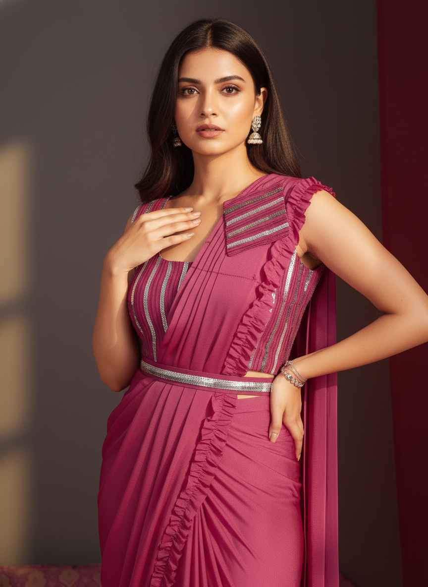 Elegant Pink  Ready-to-Wear Saree for Weddings | Instant Festive Drape
