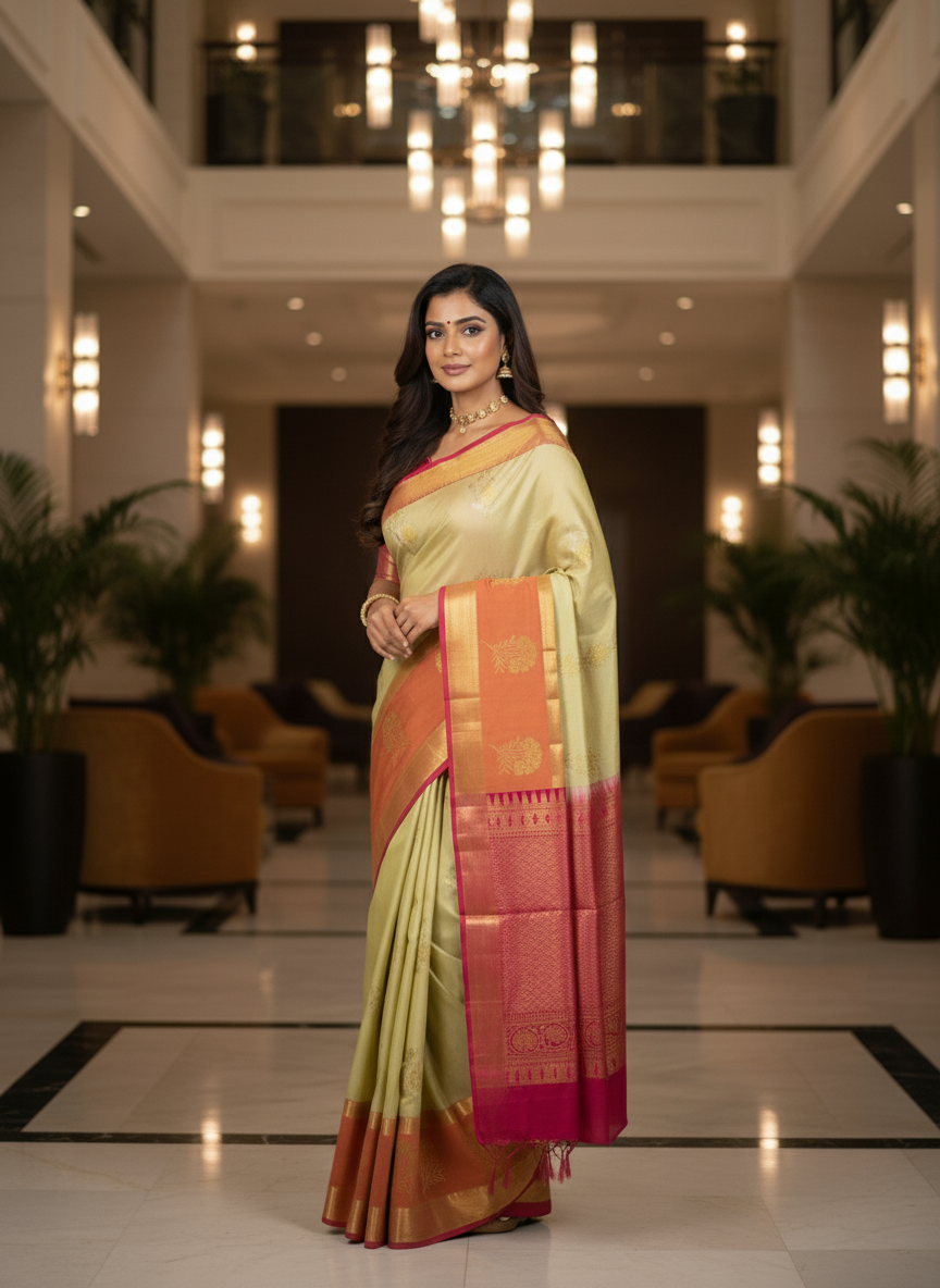 Pista Kanchipuram Brocade Silk Saree With Butta Design| AS-00125