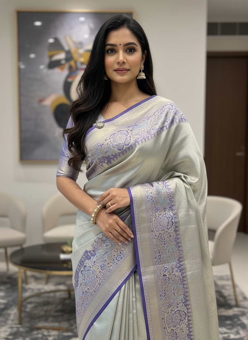 Beige  Kanchipuram Silk Saree With Butta Design| AS-00141