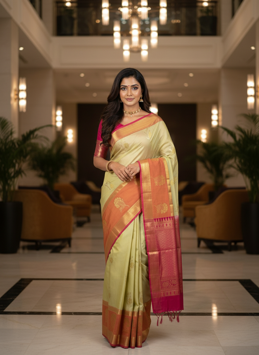 Pista Kanchipuram Brocade Silk Saree With Butta Design| AS-00125