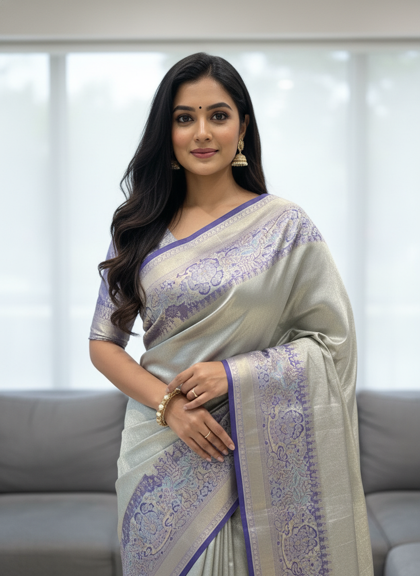 Beige  Kanchipuram Silk Saree With Butta Design| AS-00141